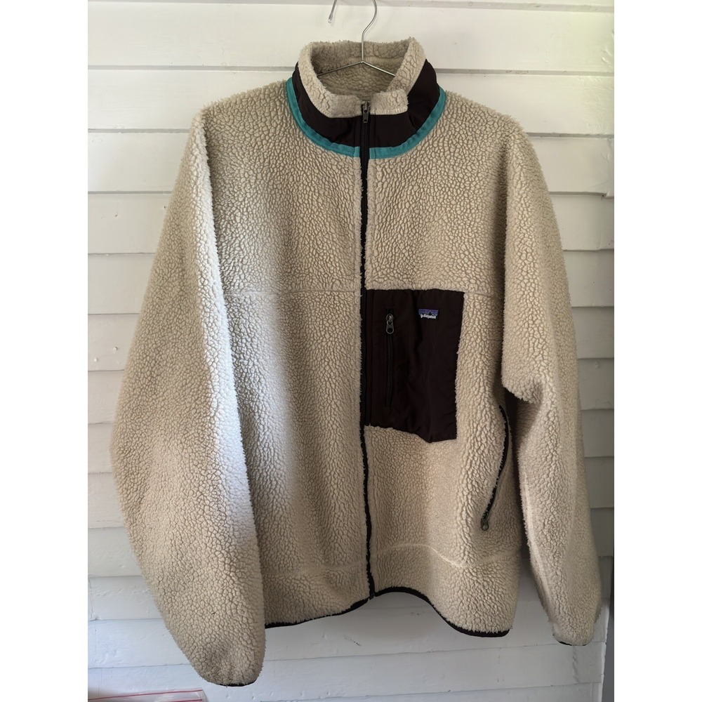 Patagonia Retro X Deep Pile Fleece Jacket Oatmeal Brown Blue XL RARE